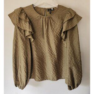 Vera Moda Mindy Silky Olive Green Ruffled Long Sleeve Checkered Blouse Sz.‎ M